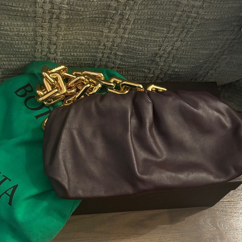 Bottega Veneta Dark Purple Clutch with Gold Chain
